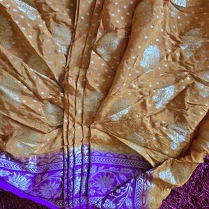 Ready Made Silk Gold And Purple Saree
